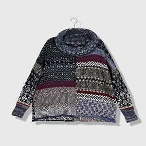 Free People Pullover Sweater Womens XS Blue Fair Isle Patchwork Boho Cowl Neck